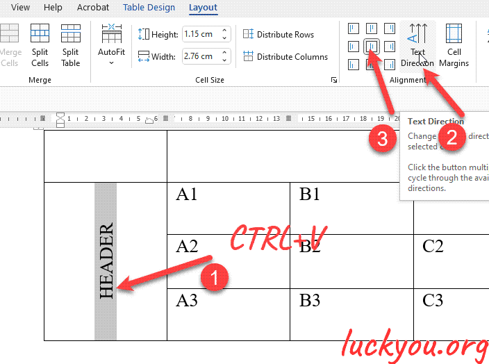 how to rotate the head of a table in Microsoft Word