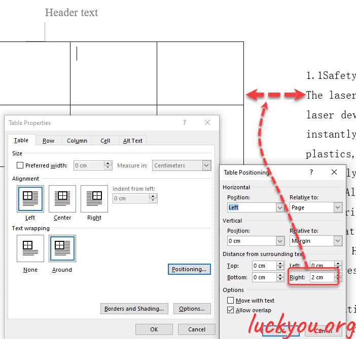 how to position a table inside a Microsoft Word document
