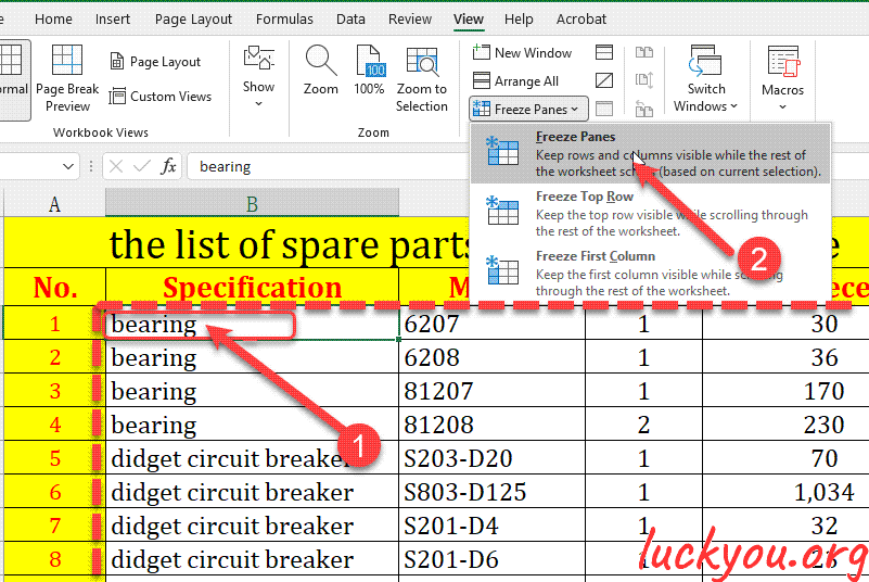 how to freeze the row and the column in Excel