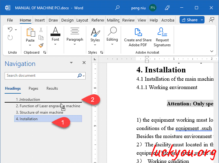 move text with the navigation pane in word