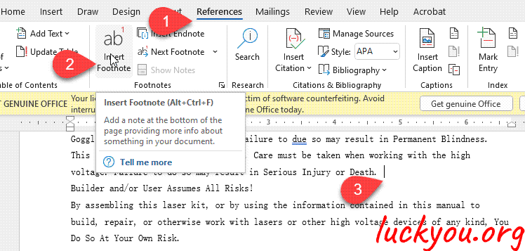 how to add footnotes in word