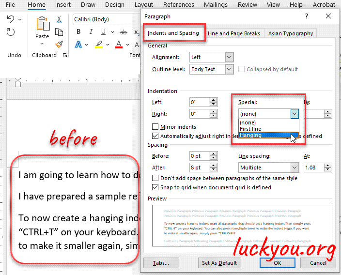 how to do a hanging indent in Microsoft Word