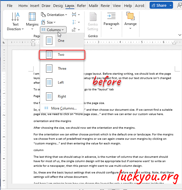 how to setup the page layout size orientation, borders in Microsoft Word