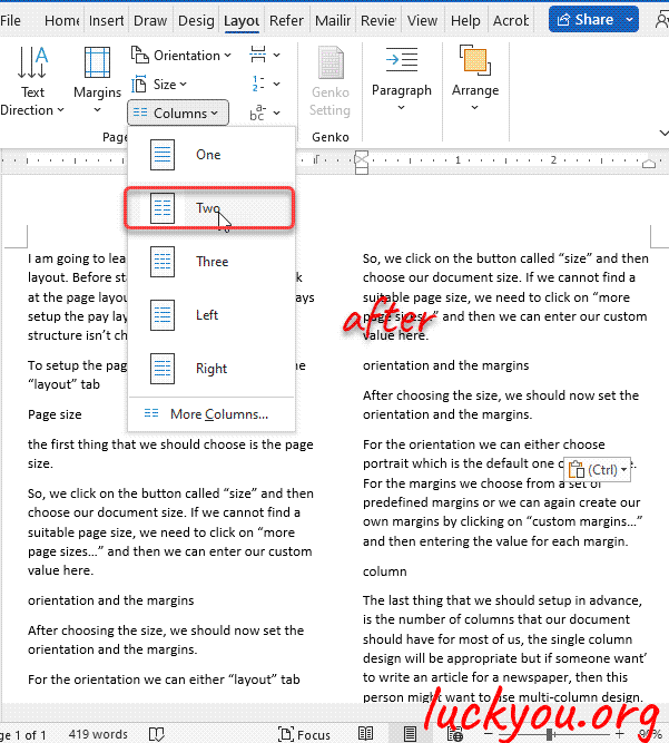 how to setup the page layout size orientation, borders in Microsoft Word