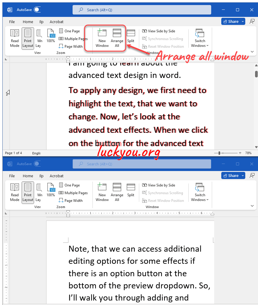 how to arrange the screen in Microsoft Word