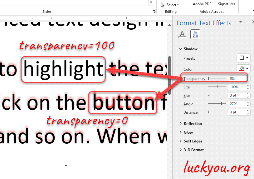 how to add a shadow effect to text in Microsoft word