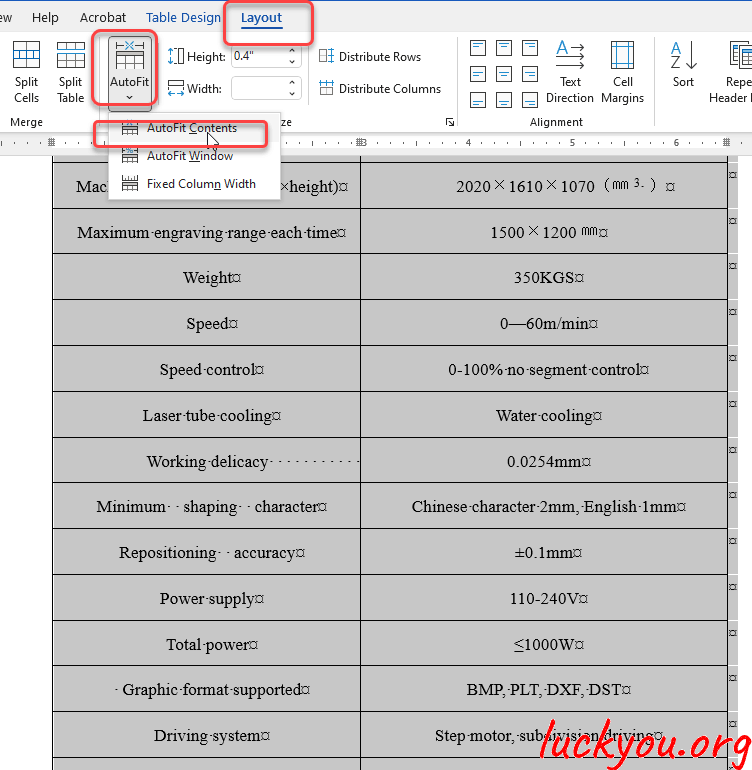 How to autofit table to content in Microsoft word