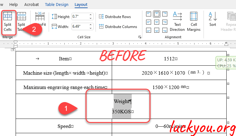 how to split table cells in Microsoft Word
