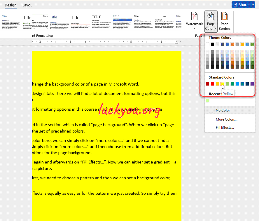 how to change background color of a page in Microsoft Word