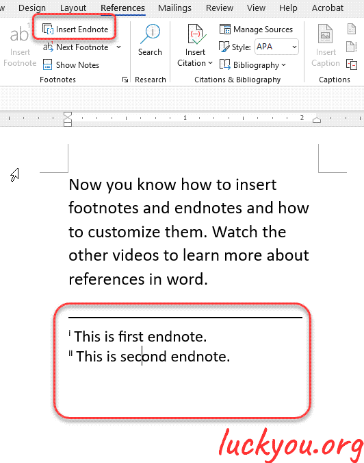 how to insert footnote and endnote in Microsoft Word