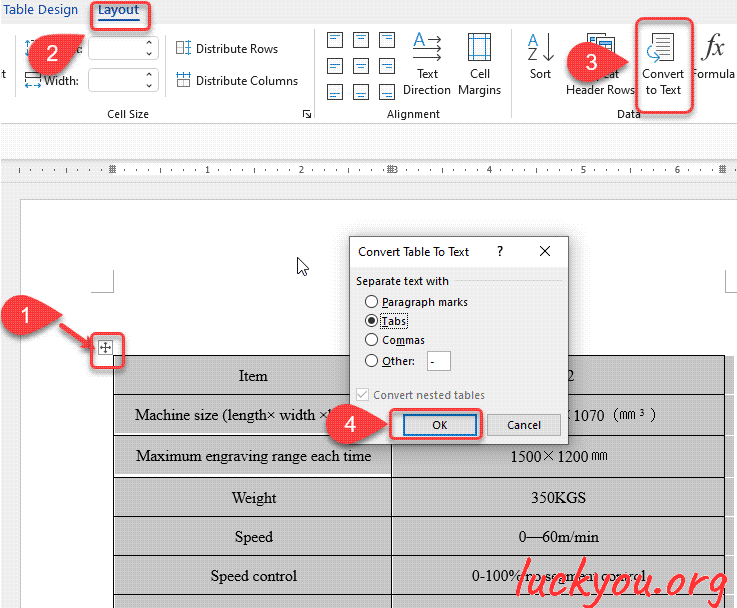 how to convert a table t text in Microsoft Word