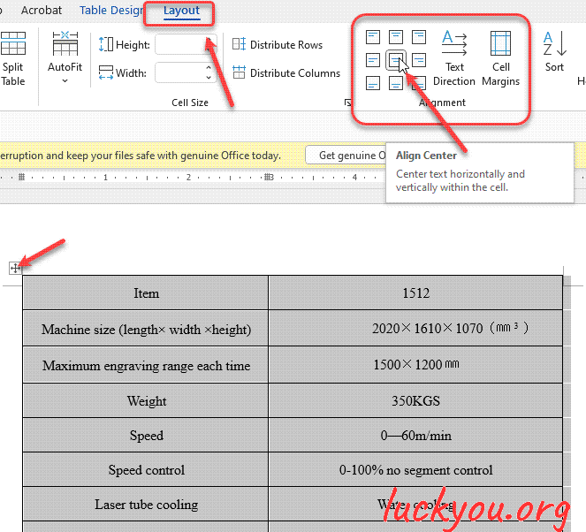 how to center the text of a table in Microsoft Word