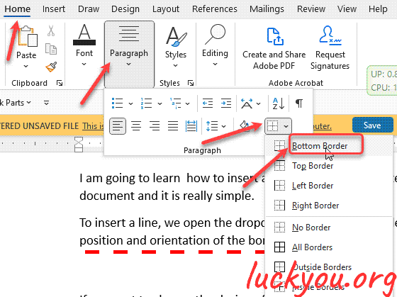 how to insert a border line to a paragraph in Microsoft Word
