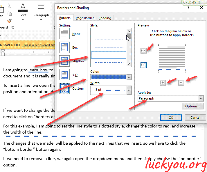 how to insert a border line to a paragraph in Microsoft Word