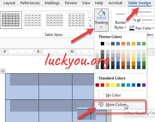 how to change the color of the table in Microsoft Word