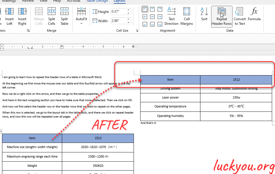 how to repeat the header row of a table in Microsoft Word