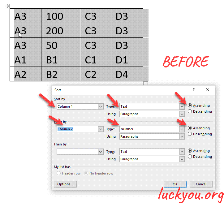 how to sort a table in Microsoft Word