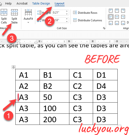 how to horizontally split a table in Microsoft word