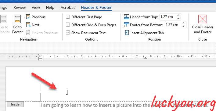 how to insert a picture into the header in Microsoft Word