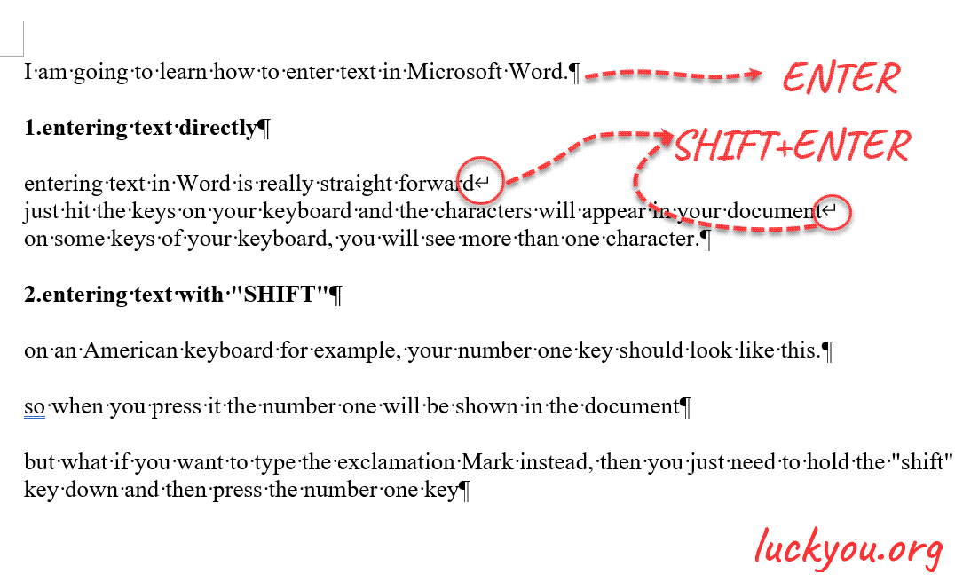 the different between “enter” and “shift enter” in Microsoft Word