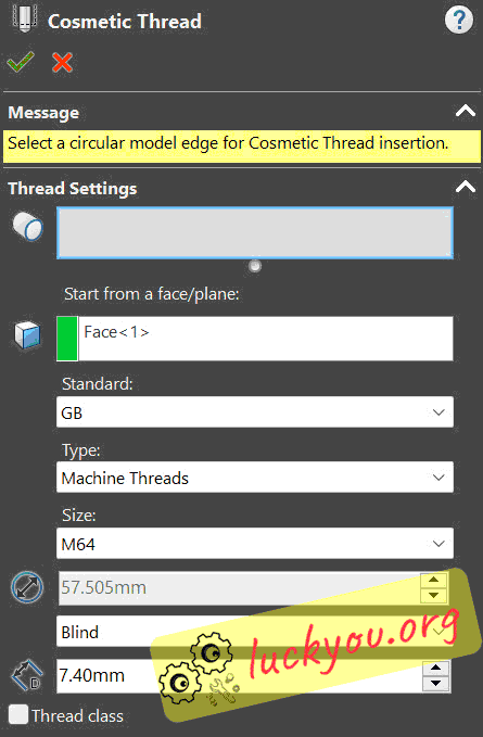 What should I do if the cosmetic thread and Hole Wizard in SolidWorks do not have the desired specifications?