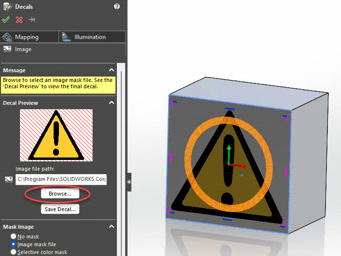 Adding a Decal to a SolidWorks Model: Method and Steps